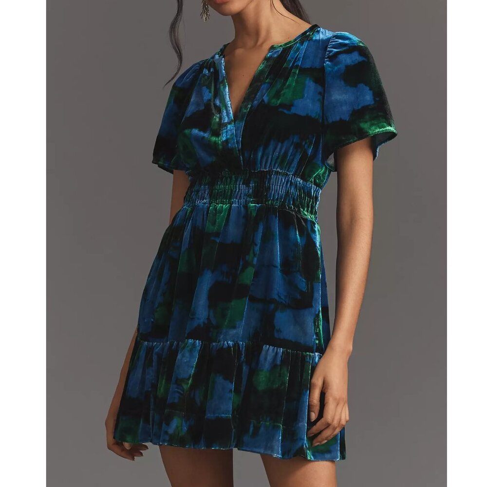 Anthropologie The Somerset Mini Dress: Velvet Edition Blue Green Motif XS